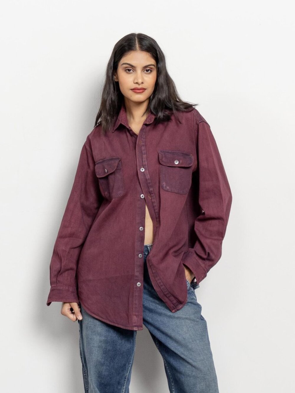 VINTAGE DENIM SHIRT Burgundy Jean Cotton Workwear Streetwear 90's Oversize